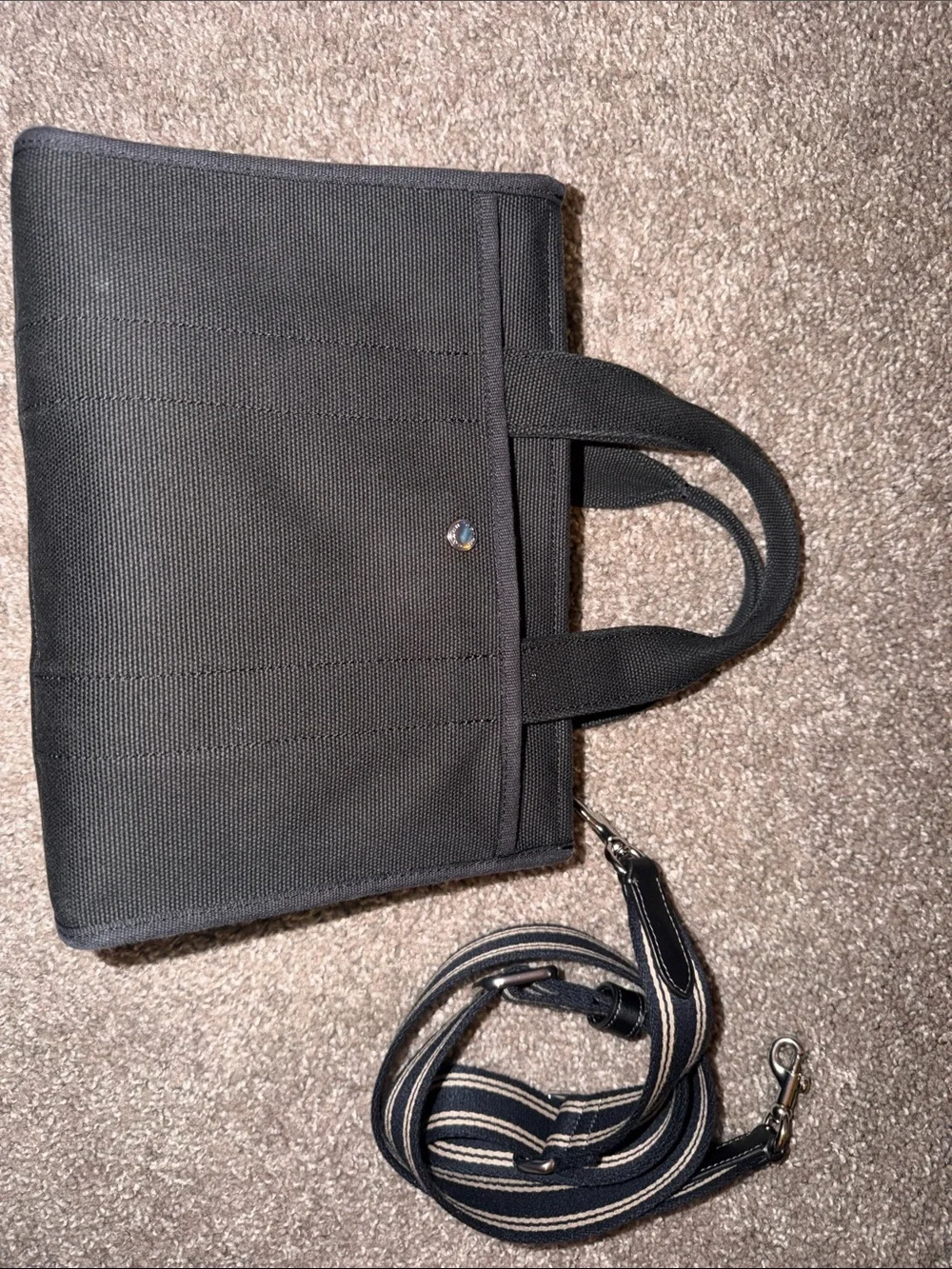Coach Black Canvas Tote with Cream Logo and Striped Strap - Picture 4 of 6